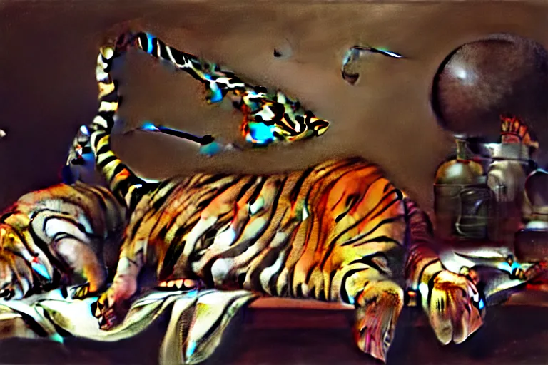 Prompt: still life of a fish dancing around a big ballpoint pen, a tiger is watching ,baroque painting, beautiful detailed intricate insanely detailed octane render, 8K artistic photography, photorealistic, chiaroscuro, Raphael, Caravaggio