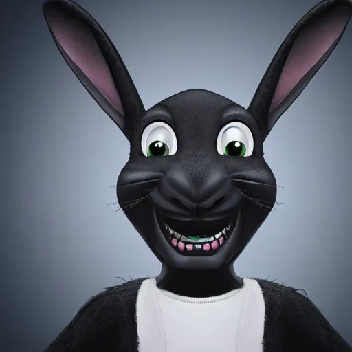 Image similar to A extremely highly detailed majestic hi-res beautiful, highly detailed head and shoulders portrait of a scary terrifying, horrifying, creepy black cartoon rabbit with scary big eyes, earing a shirt laughing in the style of Walt Disney