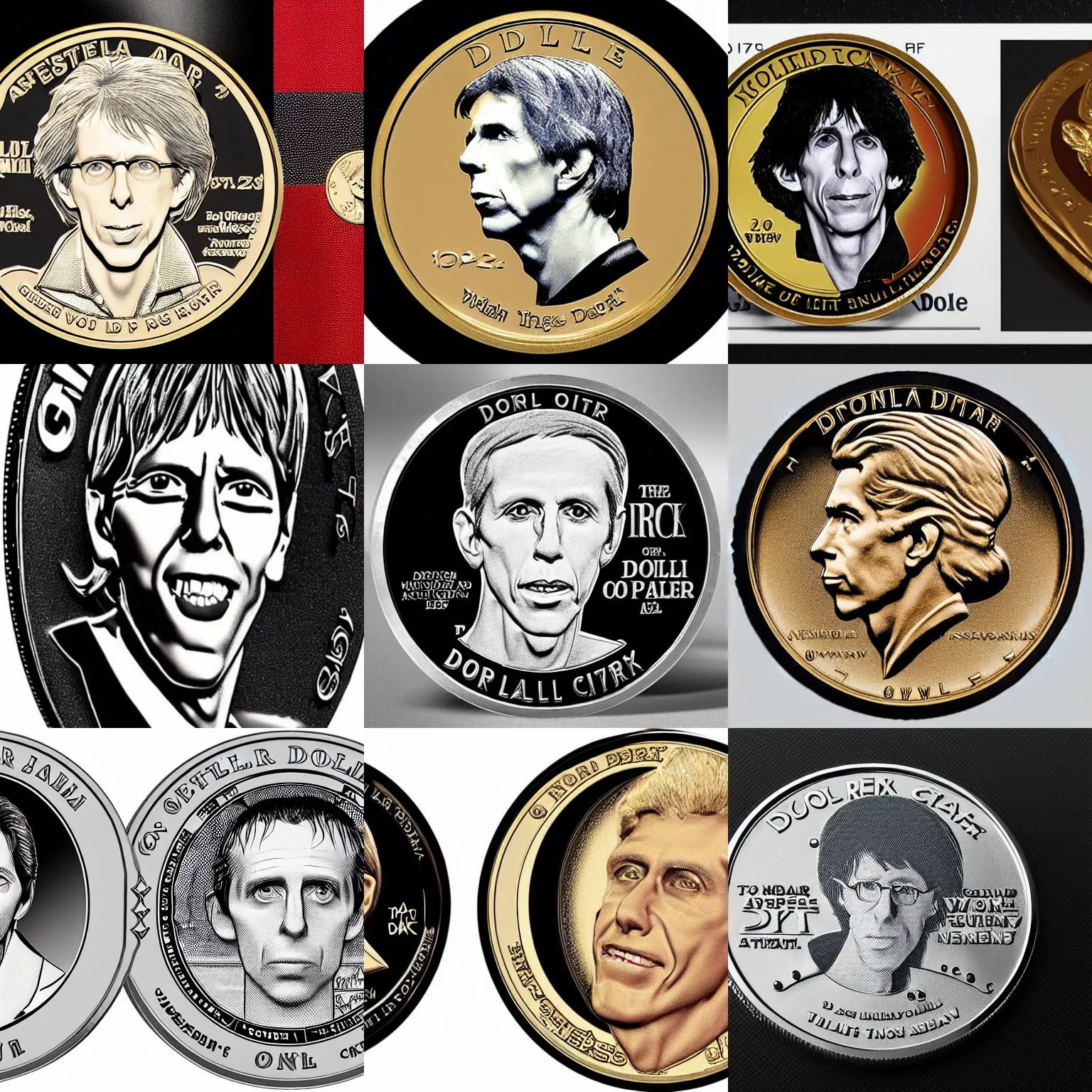 Prompt: a limited edition dollar coin with Ric Ocasek's face on the front
