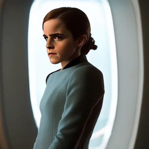 Image similar to Emma Watson in Star Trek, XF IQ4, f/1.4, ISO 200, 1/160s, 8K, Sense of Depth, color and contrast corrected, edited, Dolby Vision, symmetrical balance, in-frame