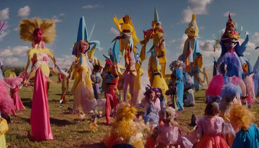 Prompt: movie still by alejandro jodorowsky of a beautiful day in a family art room in a suburban usa, visible magic energy, pretty dream creature costumes, mystical cult ritual, big magic parade float, cinestill 8 0 0 t eastmancolor technicolor, high quality, very detailed, heavy grain, fine facial features, 8 k, octane render