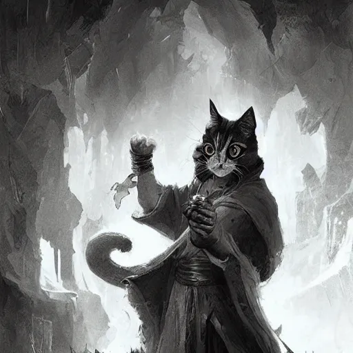 Image similar to black and white cat sorcerer, dnd fantasy digital art by Greg Rutkowski