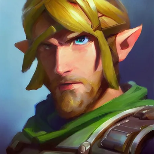 Image similar to greg manchess portrait painting of link from legend of zelda as overwatch character, medium shot, asymmetrical, profile picture, organic painting, sunny day, matte painting, bold shapes, hard edges, street art, trending on artstation, by huang guangjian and gil elvgren and sachin teng