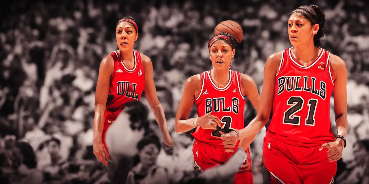 Image similar to candace parker in bulls jersey, high contrast, high saturation cinematic film still