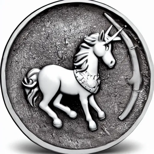 Prompt: !!!!!twilight sparkle!!!!! on a roman denarius coin. Friendship is Magic (2010). depiction of unicorn with short muzzle, big eyes, mane. Realistic silver coin. orichalcum. Grayscale image