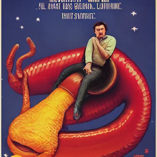 Prompt: a man riding a giant slug, movie poster