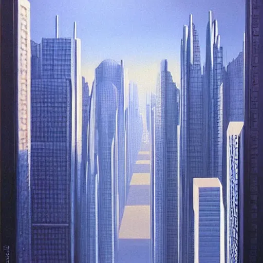 Prompt: a painting of a city with tall buildings, an art deco painting by Kaii Higashiyama, featured on pixiv, retrofuturism, matte drawing, cityscape, matte painting