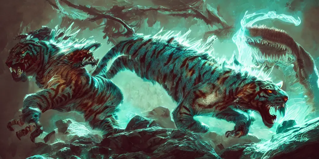 Image similar to Ghostly tiger creature made out of turquoise energy character design sheet, Monster Hunter Illustrations art book, Bright sparks, claws, huge sabertooth fangs, Moebius, Greg Rutkowski, Zabrocki, Karlkka, Jayison Devadas, Phuoc Quan, trending on Artstation, 8K, ultra wide angle, zenith view, pincushion lens effect.