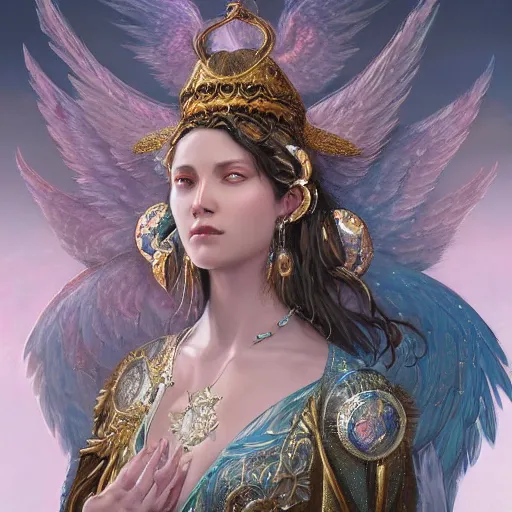 Image similar to A beautiful digital painting of a female Seraphim full of jewels, princess, the moon behind her, intricate, cinematic lighting, highly detailed, digital painting, Artstation, concept art, smooth, sharp focus, illustration, art by Tom Bagshaw, Artgerm and Greg Rutkowski