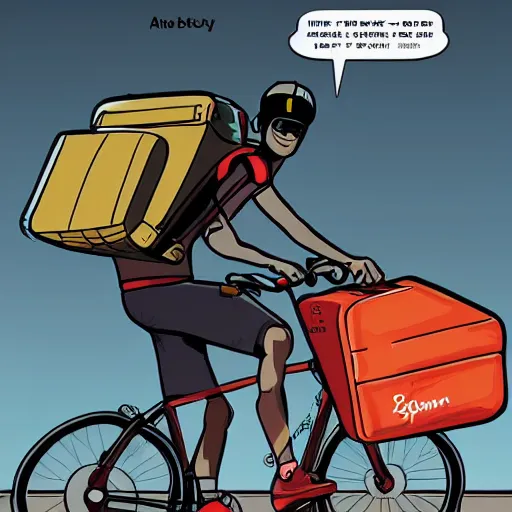 Prompt: a food delivery cyclist with oversized box shaped backpack cycling around the rings of saturn, laurie greasley