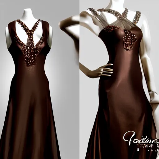 Image similar to a beautiful evening gown made of fluid dark chocolate, on a mannequin.. studio lighting, high quality, high resolution