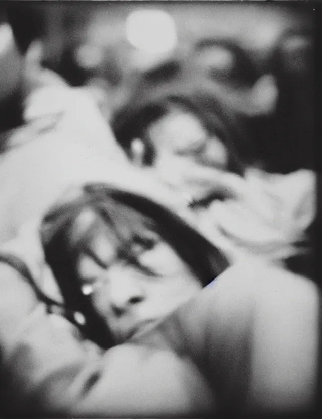 Image similar to wide angle, low angle view polaroid photo with flash, in nyc subway woman sleeping on a shoulder of a male stranger, in a metro, cool colors, bleached strong lights, kodak film stock, hyper real, stunning moody cinematography, with anamorphic lenses, by maripol, detailed