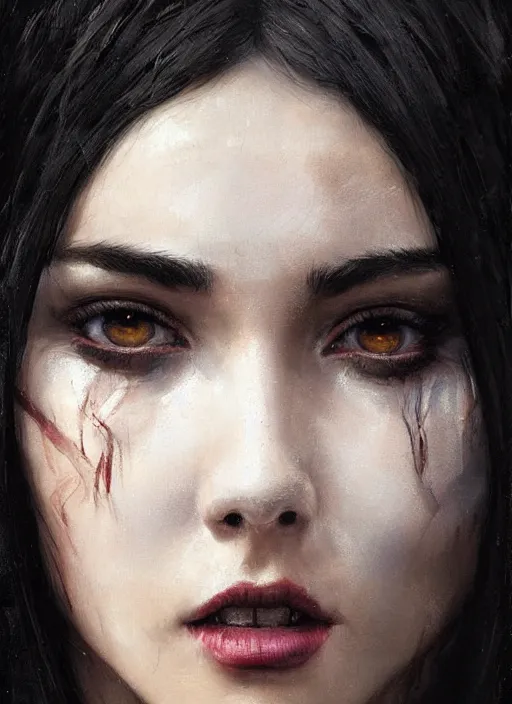 Prompt: a teenage girl with very short black hair and a huge cloak made of black feathers. beautiful highly detailed face. beautiful painting by artgerm and greg rutkowski and raymond swanland, denis velleneuve, detailed portrait, closeup