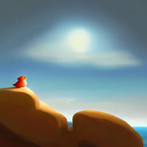 Image similar to goro fujita ilustration a cute little bird perched on a rock watching the ocean and the waves with their foam, the sky with fluffy clouds and makes a warm light, painting by goro fujita, sharp focus, highly detailed, artstation