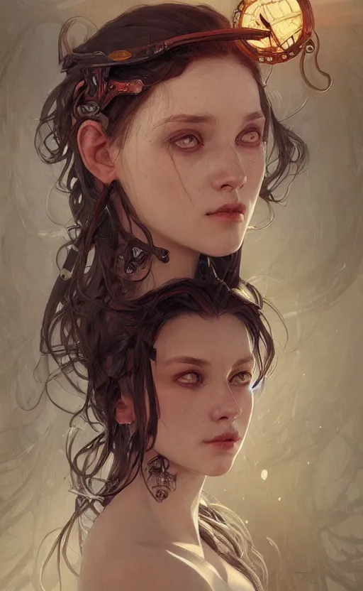 Image similar to portrait of a girl death on her head , surreal, intricate, headshot, highly detailed, digital painting, artstation, concept art, cinematic lighting, illustration, art by artgerm and greg rutkowski, alphonse mucha, cgsociety, science fiction