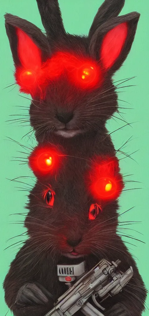 Image similar to portrait of neon fur rabbit with red eyes and a machine gun , 8k, highly detailed, sharp, realistic, in style of Brom