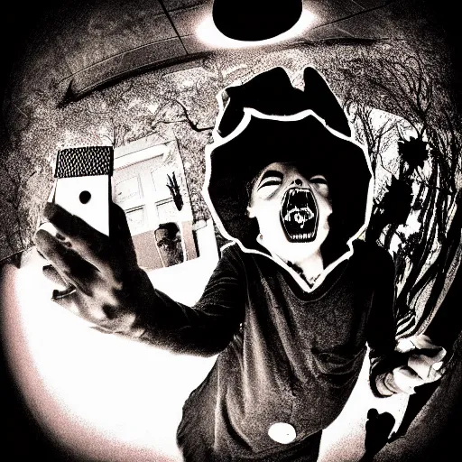 Image similar to A selfie of a fleshy-carrion monster trick or treating with a demon, fisheye lens photography, with a spooky filter applied, in a Halloween style.