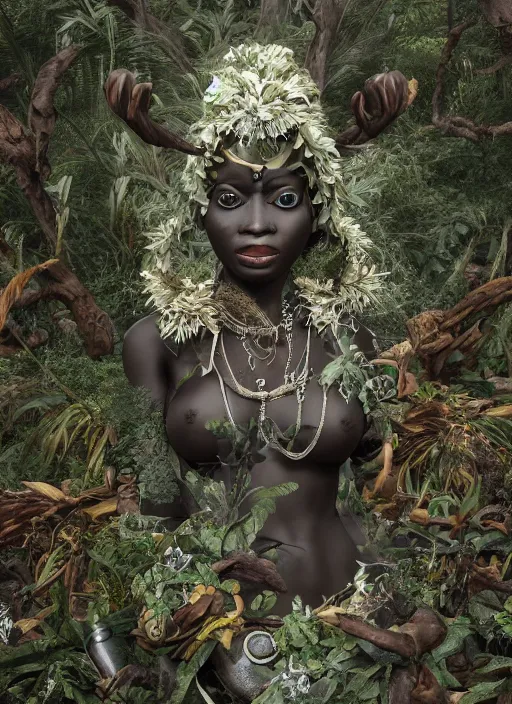 Prompt: elegba eshu in the bush of ghosts, highly detailed, rule of thirds, elegant, ornate textures, symmetrical, luxury, elite, james jean, brian froud, ross tran, 3 d render, cg society, photo realistic, super detailed, octane materials, octane render, 8 k
