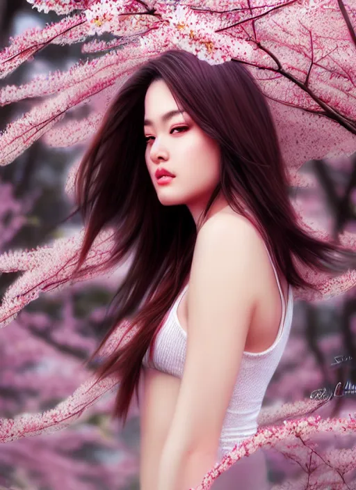 Image similar to photo of a gorgeous female in the style of stefan kostic, realistic, half body shot, sharp focus, 8 k high definition, insanely detailed, intricate, elegant, art by stanley lau and artgerm, extreme blur cherry blossoms background