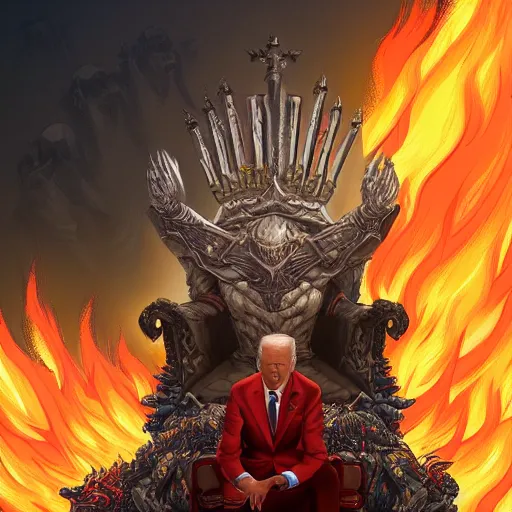 Image similar to Joe Biden sitting on a throne of skulls surrounded by fire, digital painting, highly detailed, trending on Artstation