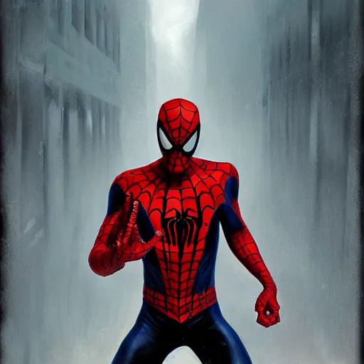 Image similar to evil spiderman concept, natural lighting, night, raining, gerald brom