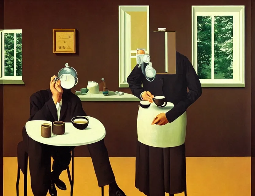 Image similar to a painting of a old dusty professor making a study of drinking 1 0 cups of coffee into a droste effect, dark monday mood in a kitchen that is slowly melting, styled and painted by rene magritte