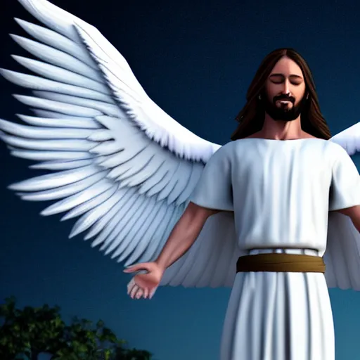 Prompt: Jesus Christ with white wings, dynamic lighting, +++ dynamic pose, high resolution, powerful, halo, 8k