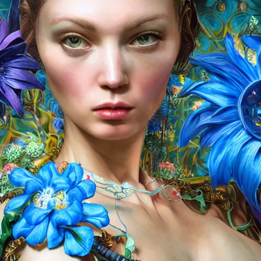 Prompt: maximalist elaborate photorealistic illustration of a cyborg holding a huge blue flower. in the style of Michelangelo, with cyberpunk and flemish baroque mixedk media details. vibrant vivid 3d textures in natural pastel tones. full HD 8x matte background