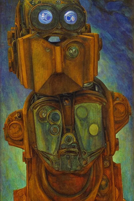 Image similar to the robot in his mechanical mask,by Annie Swynnerton and Diego Rivera, symbolist, dramatic lighting, elaborate geometric ornament, Art Brut, bioluminescent, soft blues and greens,smooth, sharp focus, extremely detailed, Adolf Wölfli