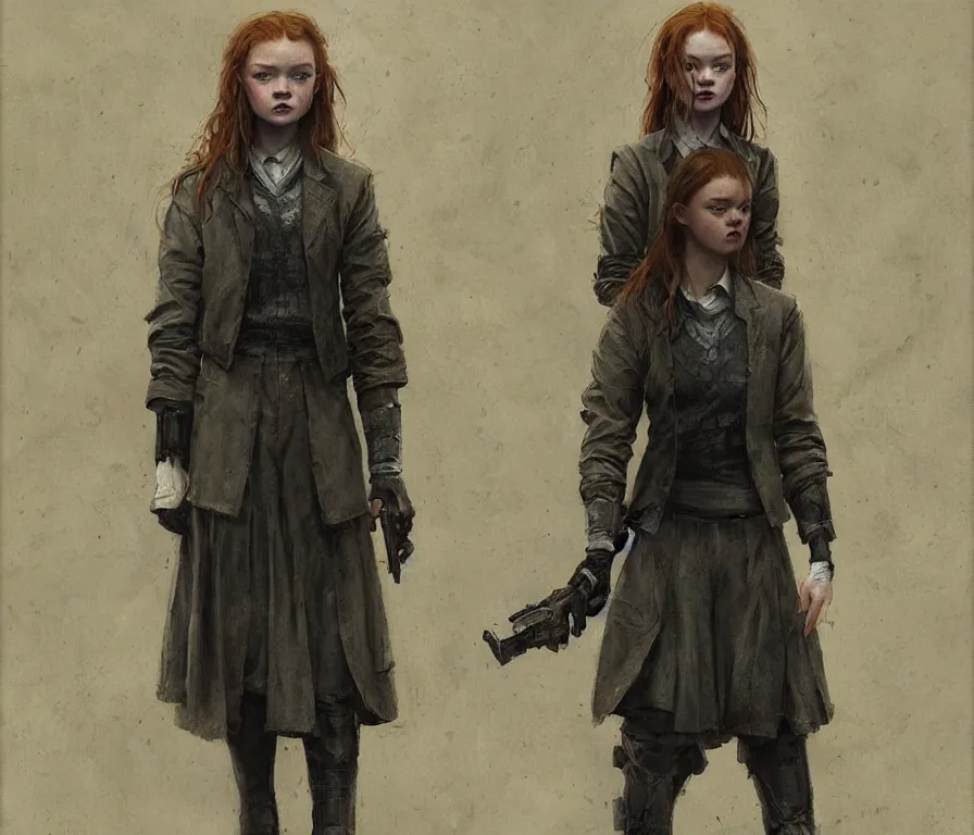 Image similar to sadie sink dressed in oversized school uniform : costume concept for a scifi cyberpunk film. by greg rutkowski, gustave courbet, greg staples, rosa bonheur. sharp focus, cinematic atmosphere, detailed and intricate, perfect anatomy