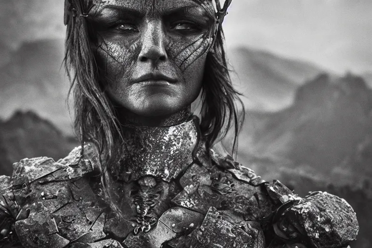 Image similar to portrait of beautiful armored orc woman, rocky terrain by Emmanuel Lubezki