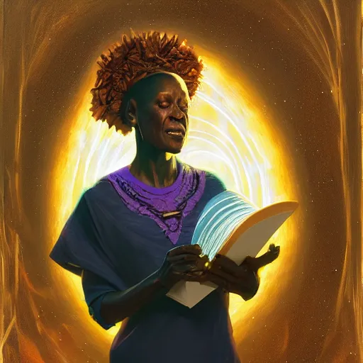 Image similar to an elder african psychic woman reading her crystal ball while holding a book of spells under a meteor shower, greg rutkowski and android jones and amanda sage, oil on canvas, 8k