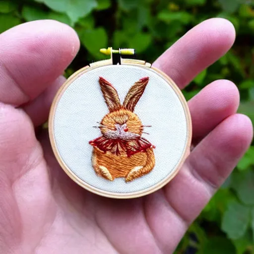 Prompt: a tiny beautiful handmade embroidery of a very cute rabbit. hand embroidery.