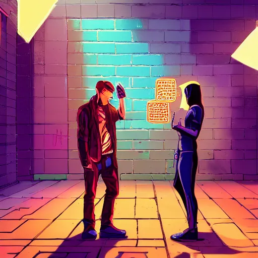 Image similar to two people arguing, detailed digital illustration by matt zeilinger, cyberpunk back alley, nighttime, colorful lighting, android netrunner