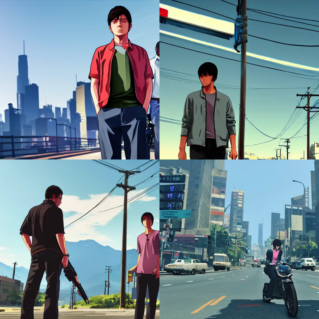 Prompt: Grand Theft Auto V in the style of Makoto Shinkai