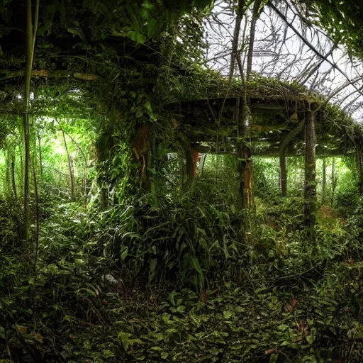 Image similar to abandoned, overgrown, underground bunker. jungle room with trees.