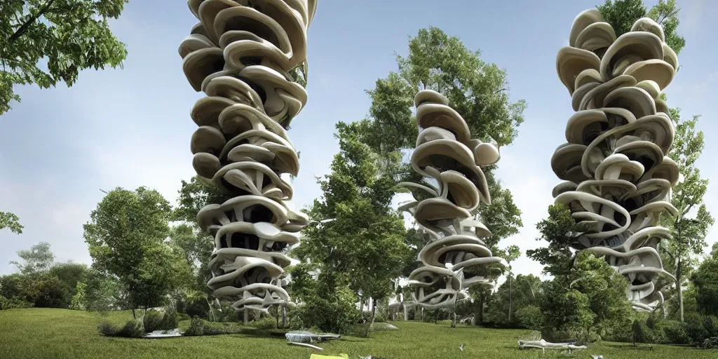 Prompt: sinuous mushroom tower residence