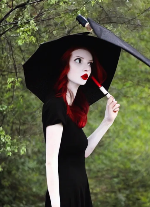 Prompt: a beautiful white pale skin girl, full body, black dress, vibrent red lipstick, a black hat, black umbrella