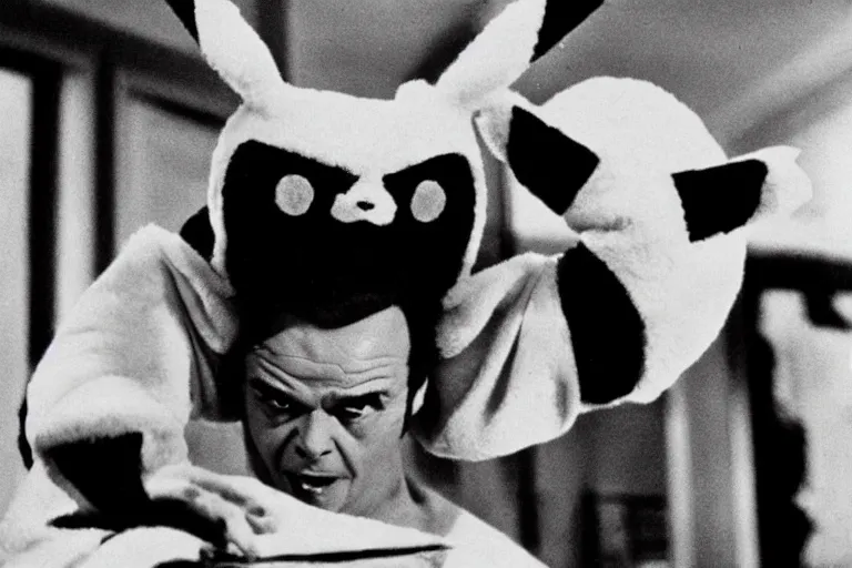 Image similar to Jack Nicholson dressed up in costume of Pikachu, scary, horror, still from the film by Stanley Kubrick in color