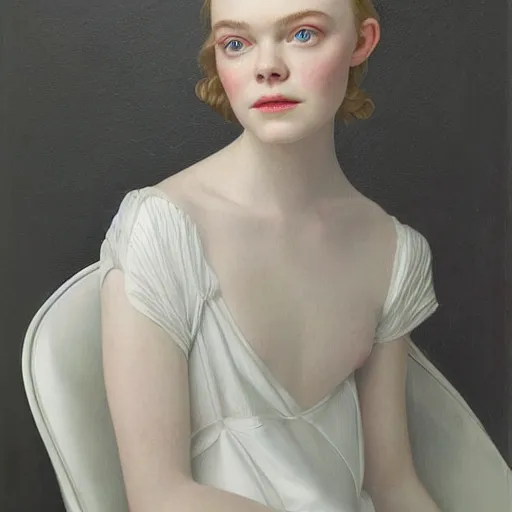 Prompt: Elle Fanning sitting on a white leather chair in the world of Lizzie Riches, head and shoulders portrait, stormy weather, extremely detailed masterpiece, oil on canvas, low-key neon lighting, artstation, Blade Runner 2049, Roger Deakin’s cinematography, by J. C. Leyendecker and Peter Paul Rubens and Edward Hopper and Michael Sowa,