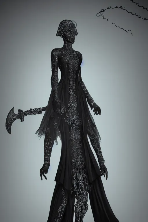 Prompt: Ethereal Goddess draped in VantaBlack layered fabric highly detailed stitching carrying a engraved sword. Power stance. Concept art. Realistic. V-ray.