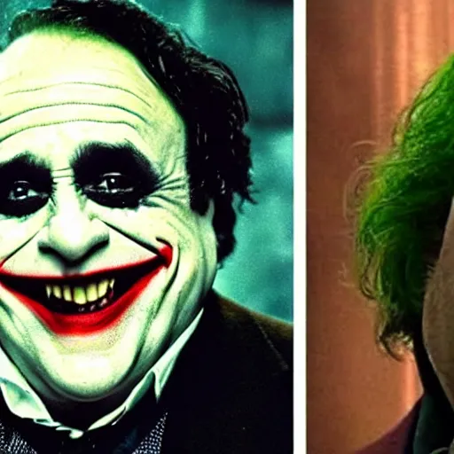 Prompt: Danny Devito as The Joker, still image from Batman movie, shot of face