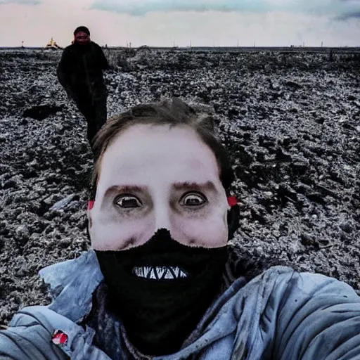 Image similar to last selfie of last alive ukrainian very damaged body to bones running from nuclear explosion, dead bodies on the ground, black snow, 2 0 2 2