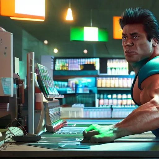 Image similar to the incredible hulk working the night shift as a 7/11 cashier, macro, wide shot, dramatic lighting, octane render, hyperrealistic, HD