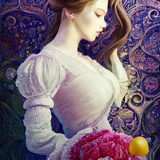 Image similar to the portrait of an absurdly beautiful, graceful, elegant, sophisticated, young girl made up of lemons, an ultrafine hyperdetailed illustration by kim jung gi, irakli nadar, intricate linework, bright colors, octopath traveler, final fantasy, unreal engine 5 highly rendered, global illumination, radiant light, detailed and intricate environment