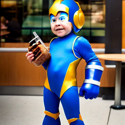 Image similar to uhd photorealisitc candid photo of mega - man at starbucks destroying everything. correct costume. correct face, accurate face. photo by annie leibowitz and steve mccurry