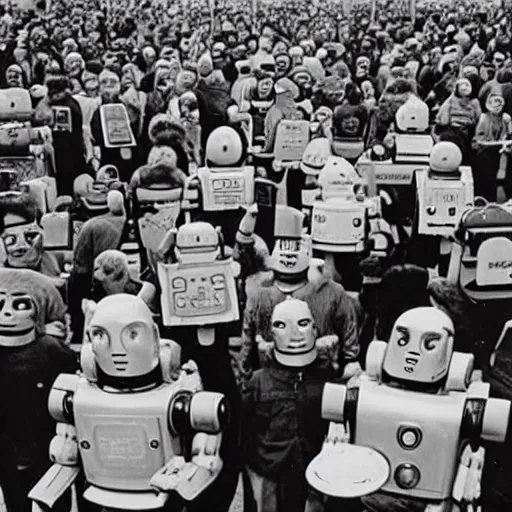 Image similar to robots rights protest, vintage press photo