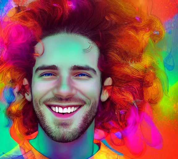 Prompt: beautiful young man smiling running his hand through his hair, digital art, colourful, digital art, seductive.