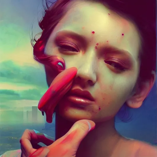 Prompt: 3 d, sci - fi, morning, sleepy fashion model face, sun, cinematic, clouds, lightning flashes, vogue cover style, poster art, light red and deep blue mood, realistic painting, intricate oil painting, high detail, figurative art, multiple exposure, poster art, 3 d, by tooth wu and wlop and beeple and greg rutkowski