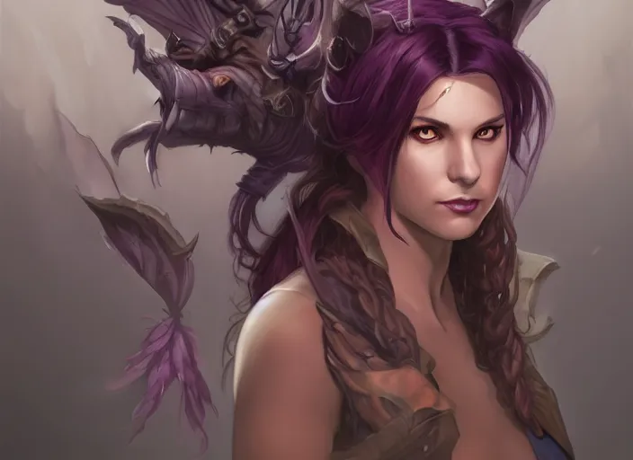 Image similar to Attractive Tiefling Druid, She has light brown skin, dark purple hair, and silver eyes full body, dungeons and dragons portrait, highly detailed, digital painting, artstation, concept art, sharp focus, illustration, art by artgerm and greg rutkowski and alphonse mucha